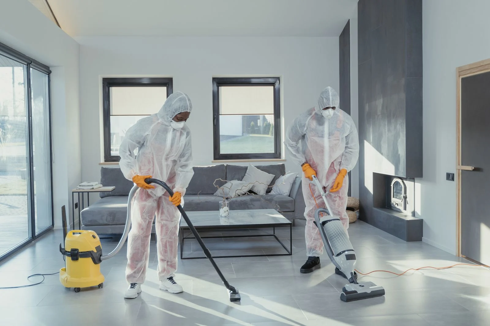 Two professional cleaners vacuuming a tiled room